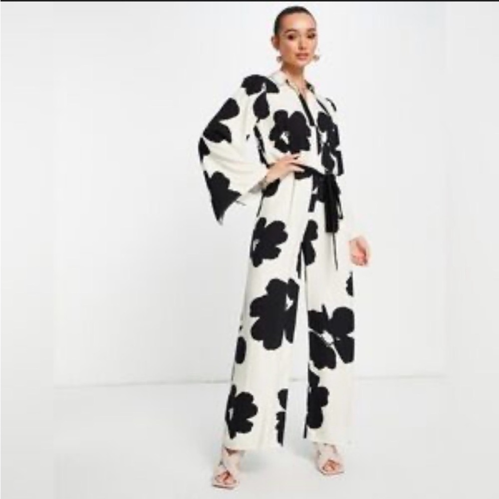 ASOS Design Size 8 Black White Wide Leg Kimono Jumpsuit